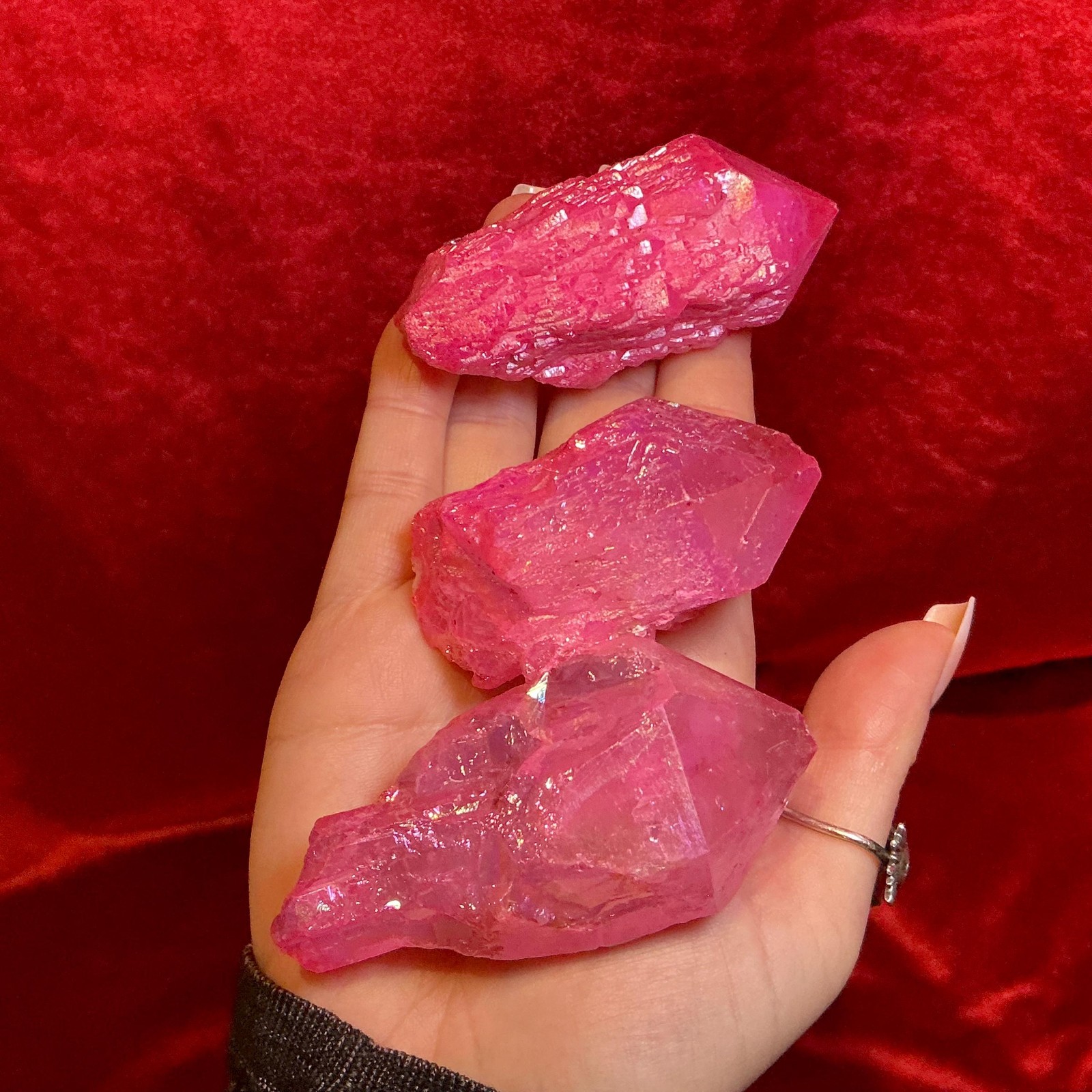 Pink Aura Elestial Quartz Crystal Cluster 3 Piece Set ~ 11 oz. Total Weight