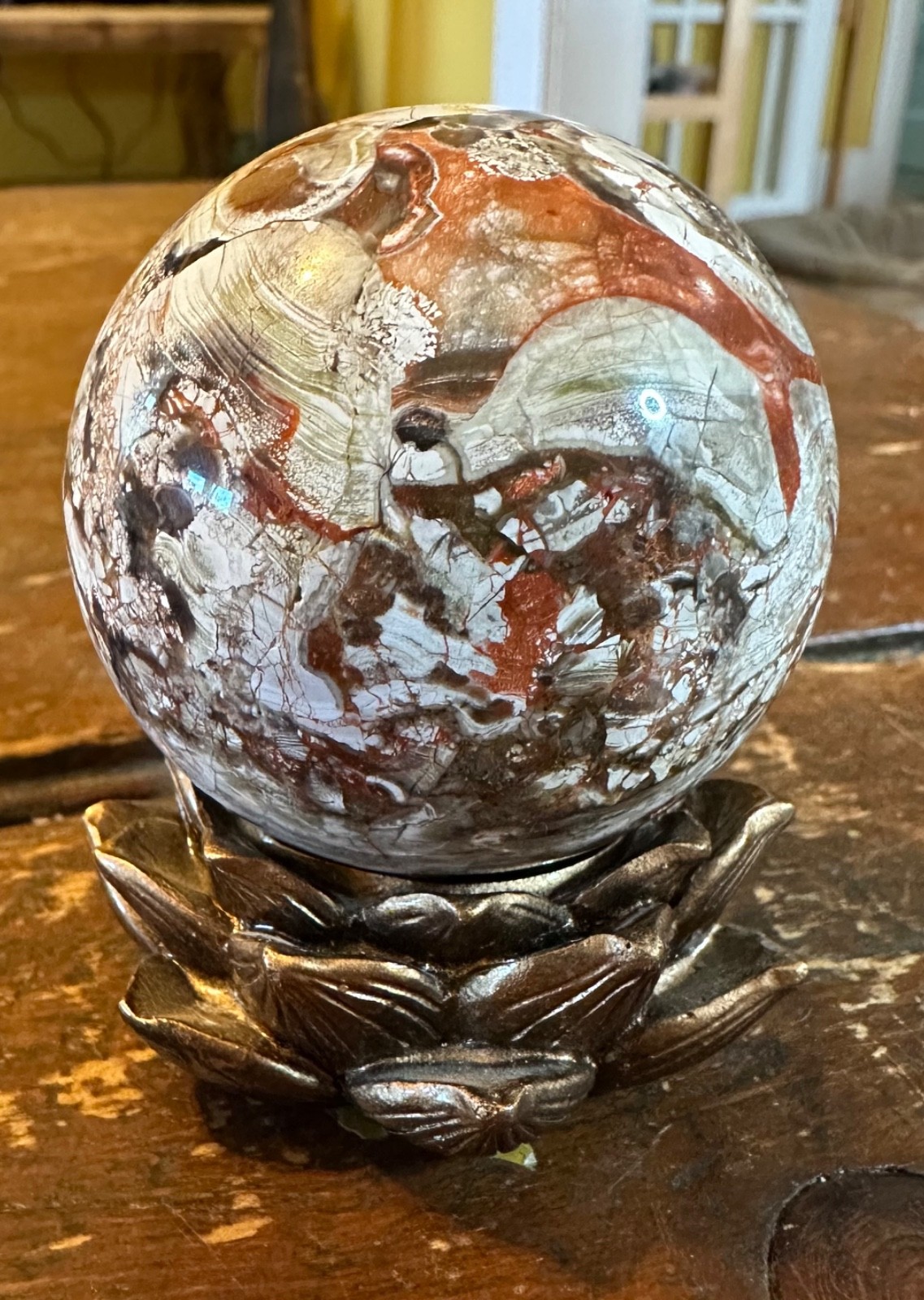 Colorful Money agate crystal sphere with brown resin petal stand free shipping