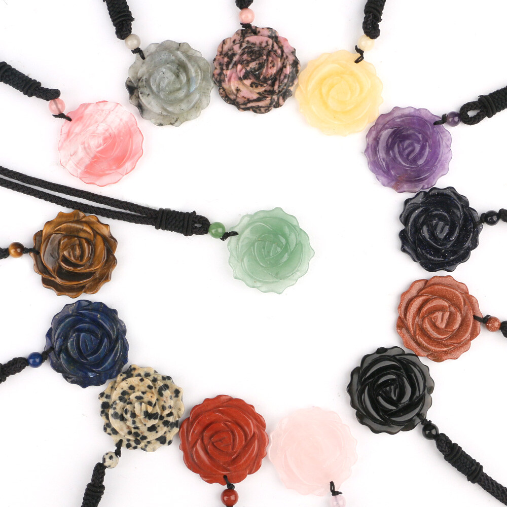 Natural 35mm Crystal Carved Rose Flower Necklace Gemstone Reiki Pendant Charm