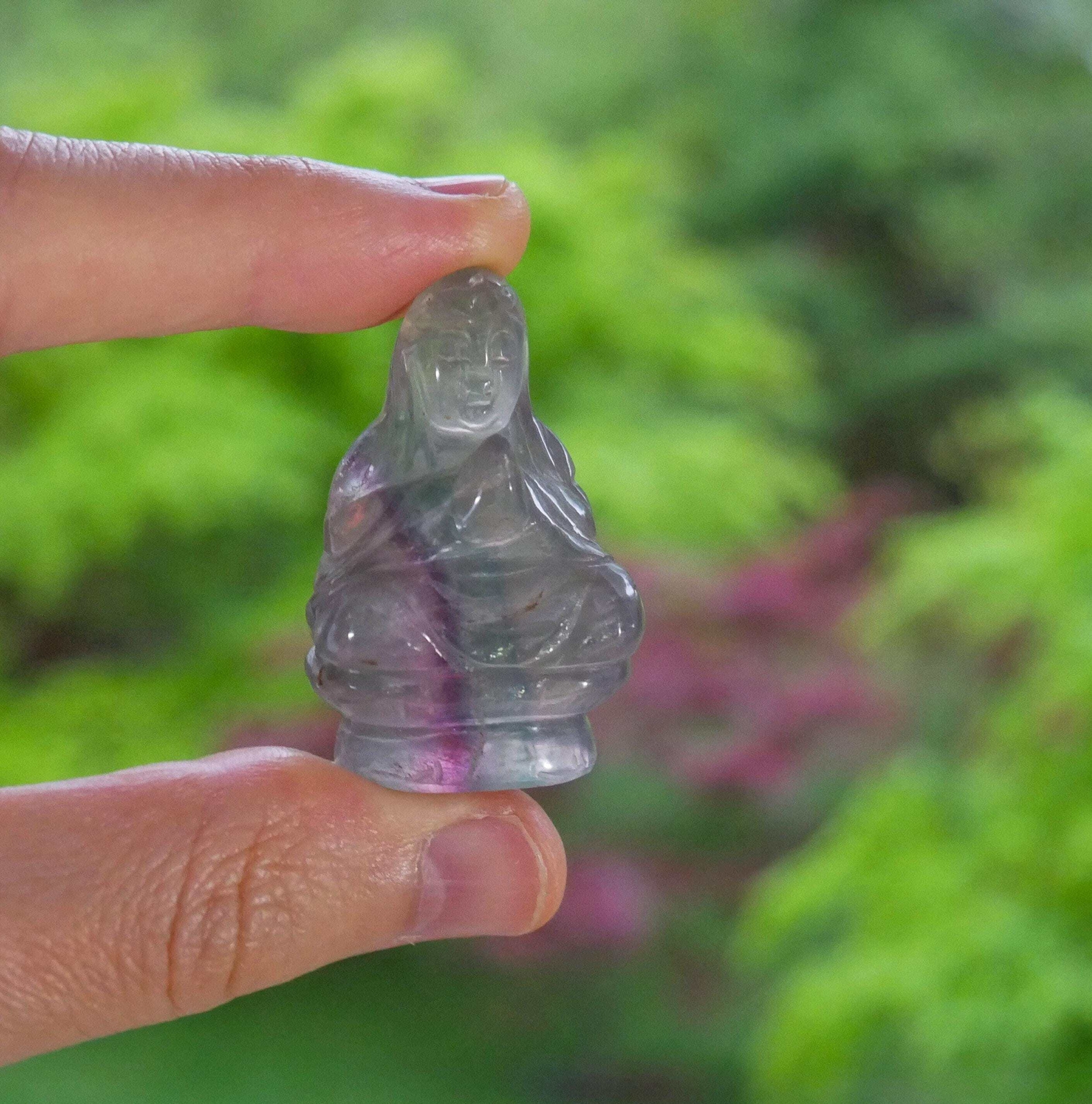 Chinese Carved Rainbow Fluorite Stone Guanyin Buddha Pocket Statue – 1.75″ Tall
