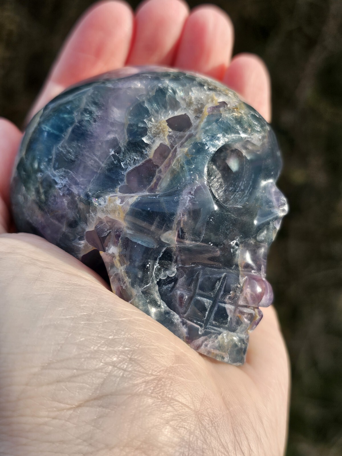 Rainbow Fluorite Skull Crystal Carving 317g Purple Green Blue 6.5x 5 x 4.4cm