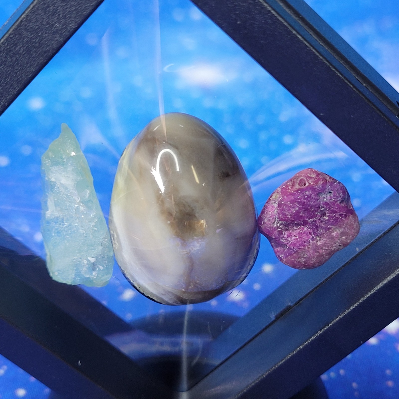 3 UV Glow Reactive Minerals: Ruby, Volcano Agate, Fluorite in Floating Display