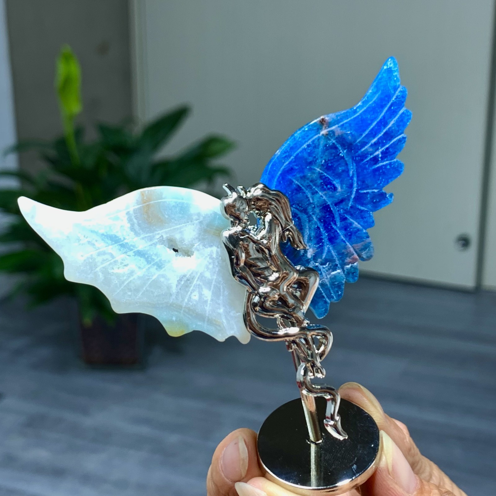 45G Natural hemimorphite and blue apatite hand carved devil angel wing specimen