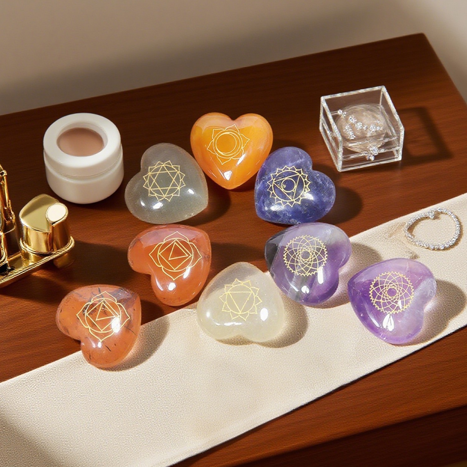 25mm Natural Healing Stones Heart 7 Chakra Crystal Set With Chakra Symbols 1set