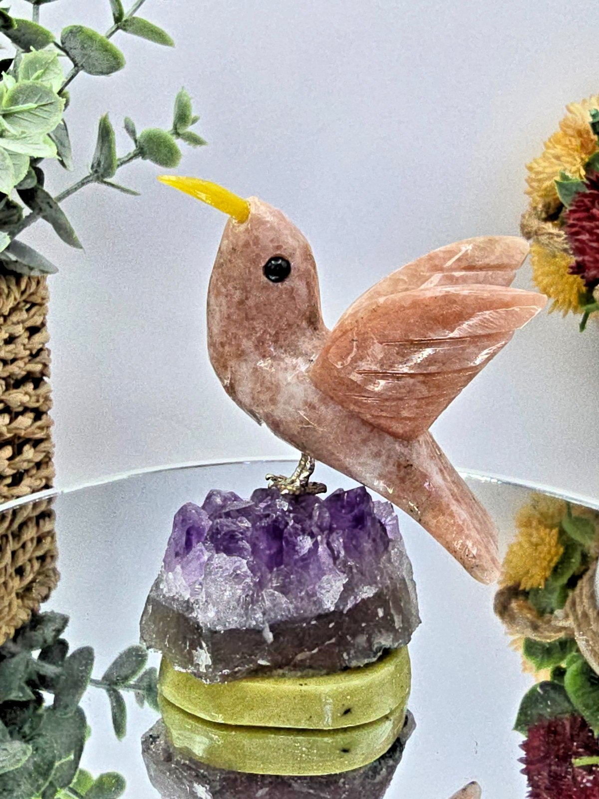 Rose Hand Carved Hummingbird on Amethyst Crystal Base 3.5″ Natural Stone Bird