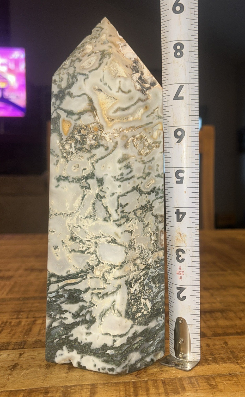 Natural Mossy Agate Quartz Crystal Tower Obelisk Wand Point 9 in tall