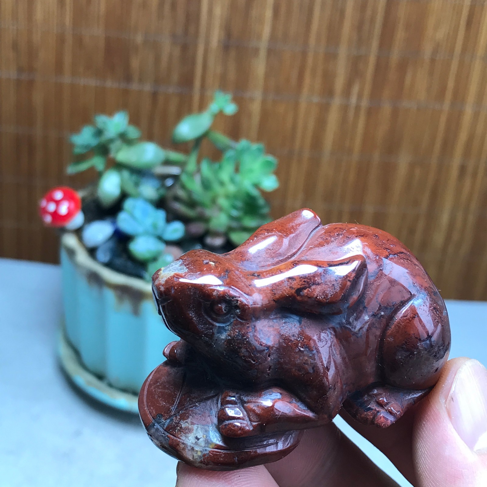 Natural bloodstone carve Rabbit & Copper Coin Figurine, Feng Shui Wealth Luck 82