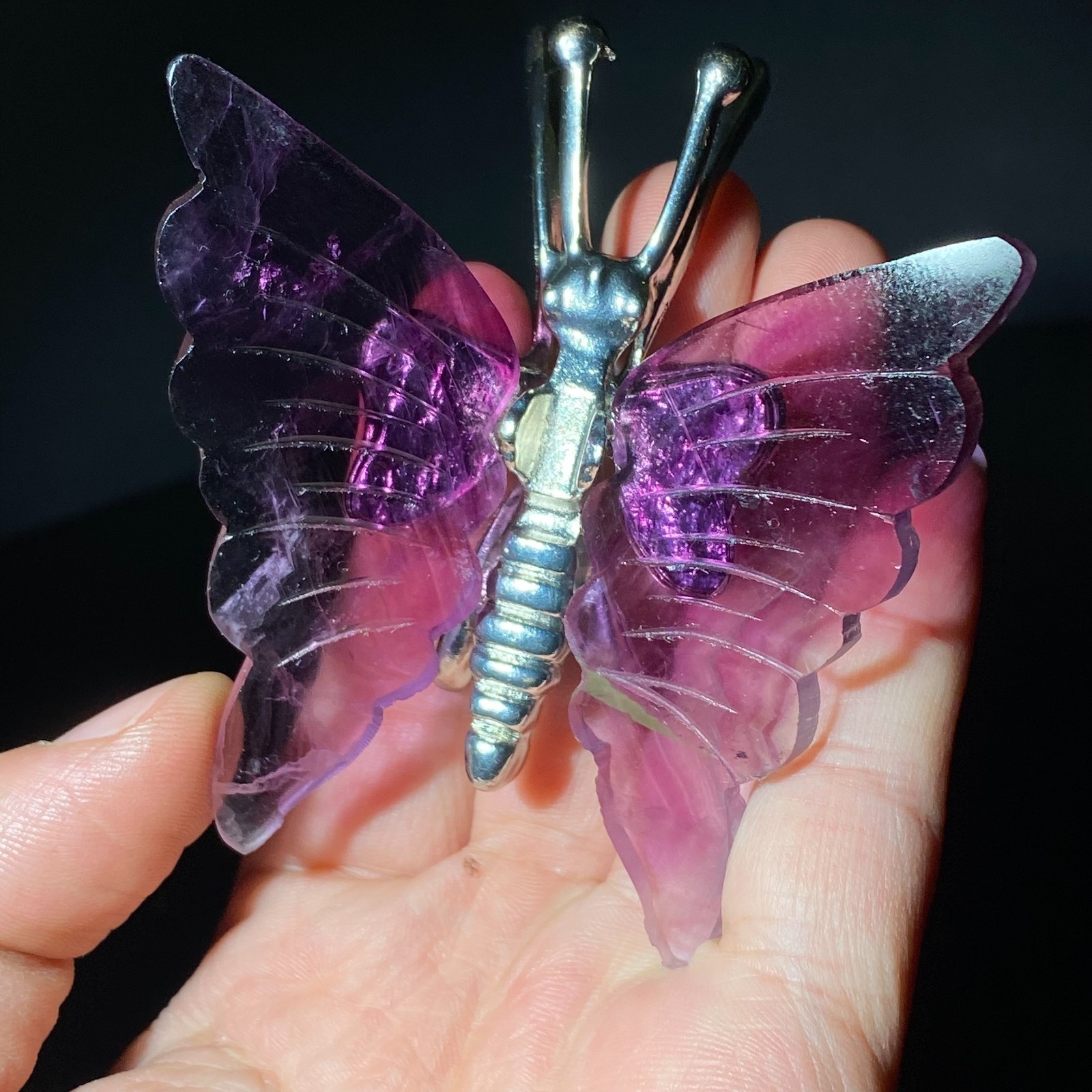 Natural Crystal Fluorite Butterfly Wings Healing Statue Decor + Stand