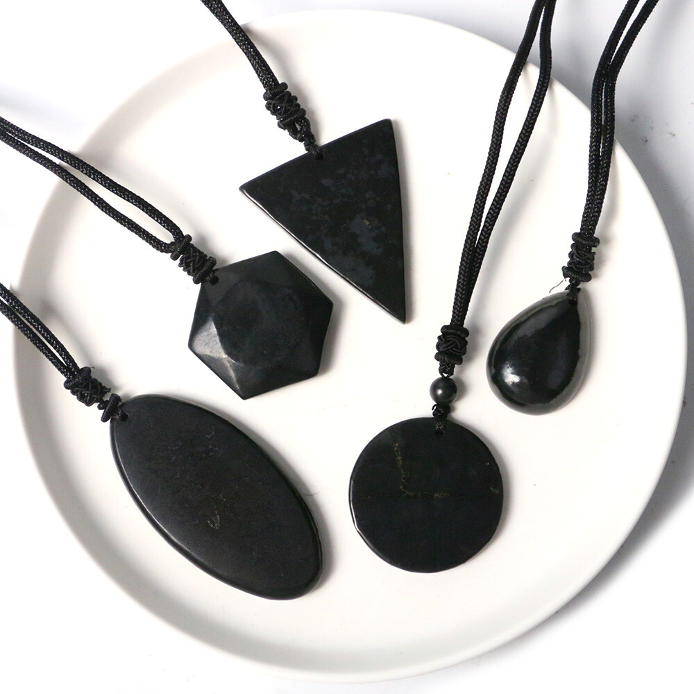Shungite Stones Crystal Necklace Rope Pendant Reiki Healing Protection EMF Gift