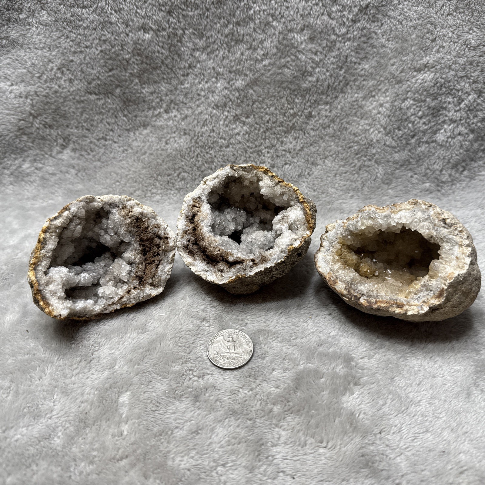Set 3 Halves Opened Natural Rough Geode Quartz Rock Stone Specimen Lot 3”