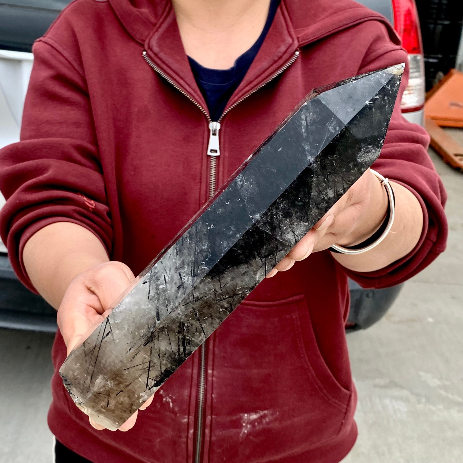 3.4LB Natural Black Hair Quartz Obelisk Crystal Energy Point Wand Reiki Decor