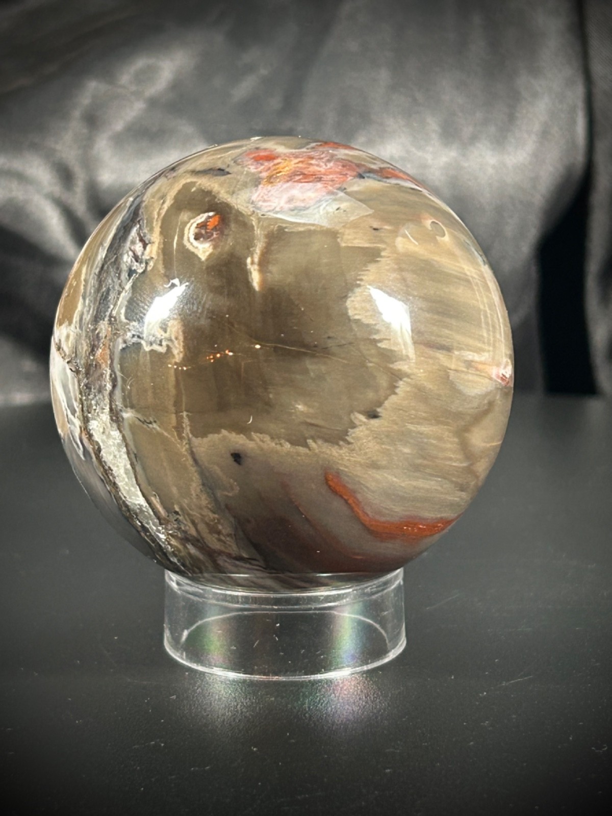 2.33″ Petrified Wood Sphere With Acrylic Stand UV REACTIVE 10.1oz