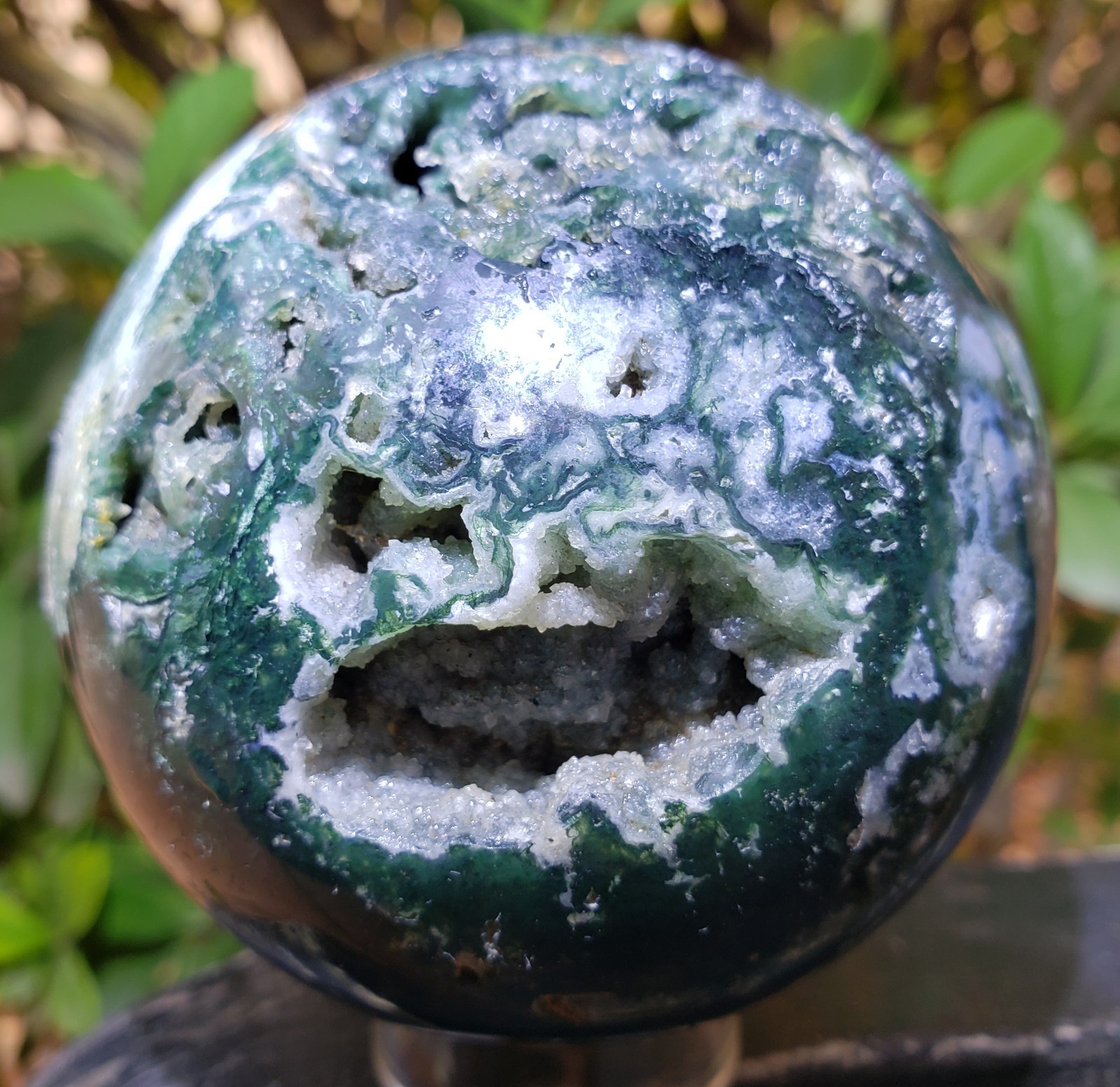 3″ Green Moss Agate Quartz Crystal Mineral Semi-Polished Sphere Ball Orb UV,532g