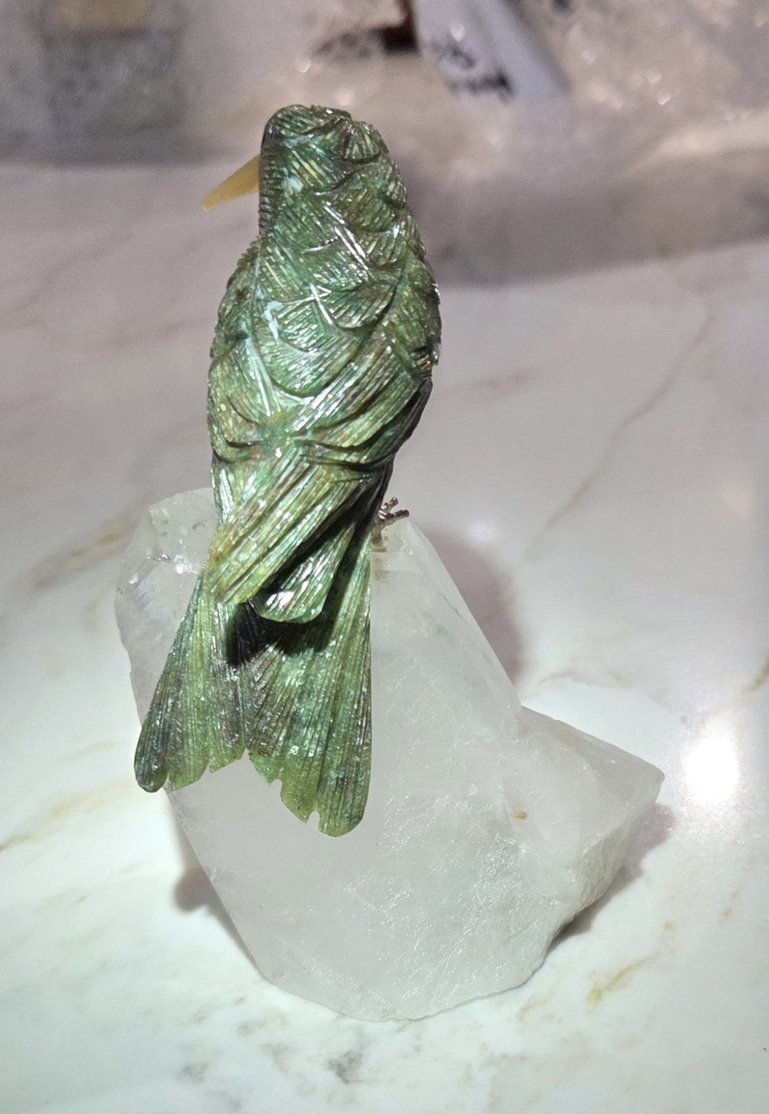Peter Müller Carved Gemstone Hummingbird on Tourmalinated Quartz Crystal 4.5″