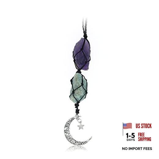 Hanging Car Charm – Amethyst & Amazonite – Dangling Moon & Healing Crystal