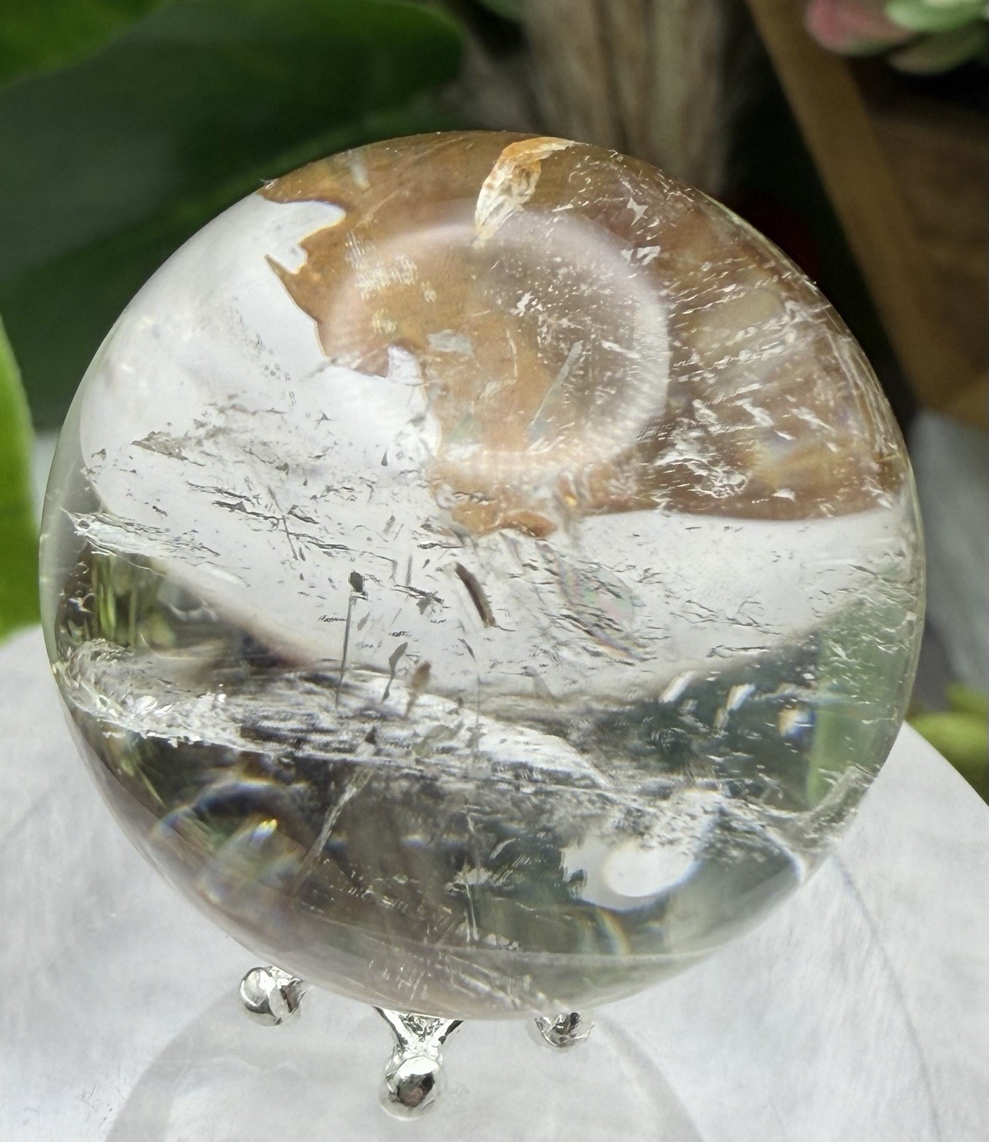 Crystal 28mm Quartz W/ Red Clay Inclusions W/stand Sphere Orb Ball Globe Mineral