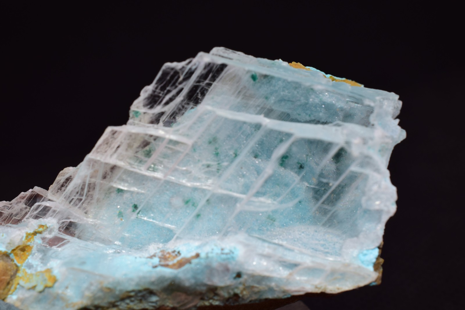 7.5cms GEM ATACAMITE INSIDE SELENITE CRYSTAL CHRYSOCOLLA LILY MINE PERU DB139