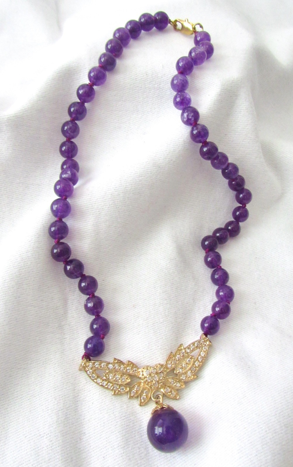 VTG Hand Knotted Purple Gemstone Necklace Likely Amethyst 18″ Rhinestone 43.6g