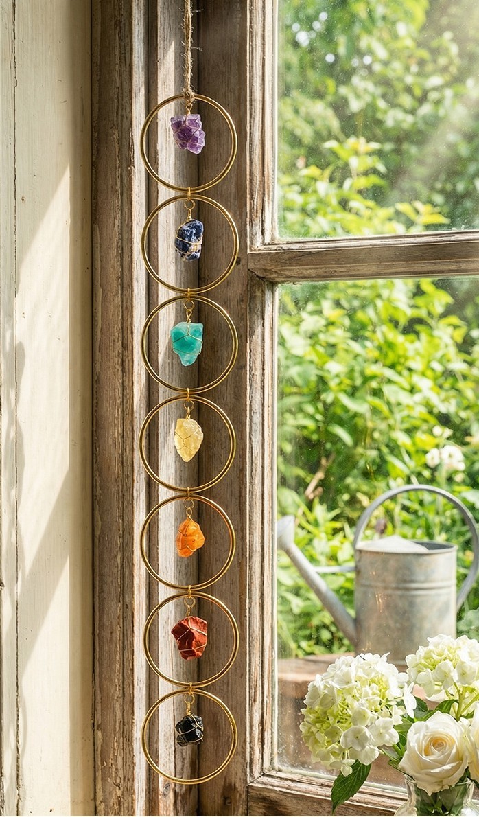 Natural Rainbow Raw Crystal Agate Wall Hanging Gold Silver Hoop Yoga Stone Decor