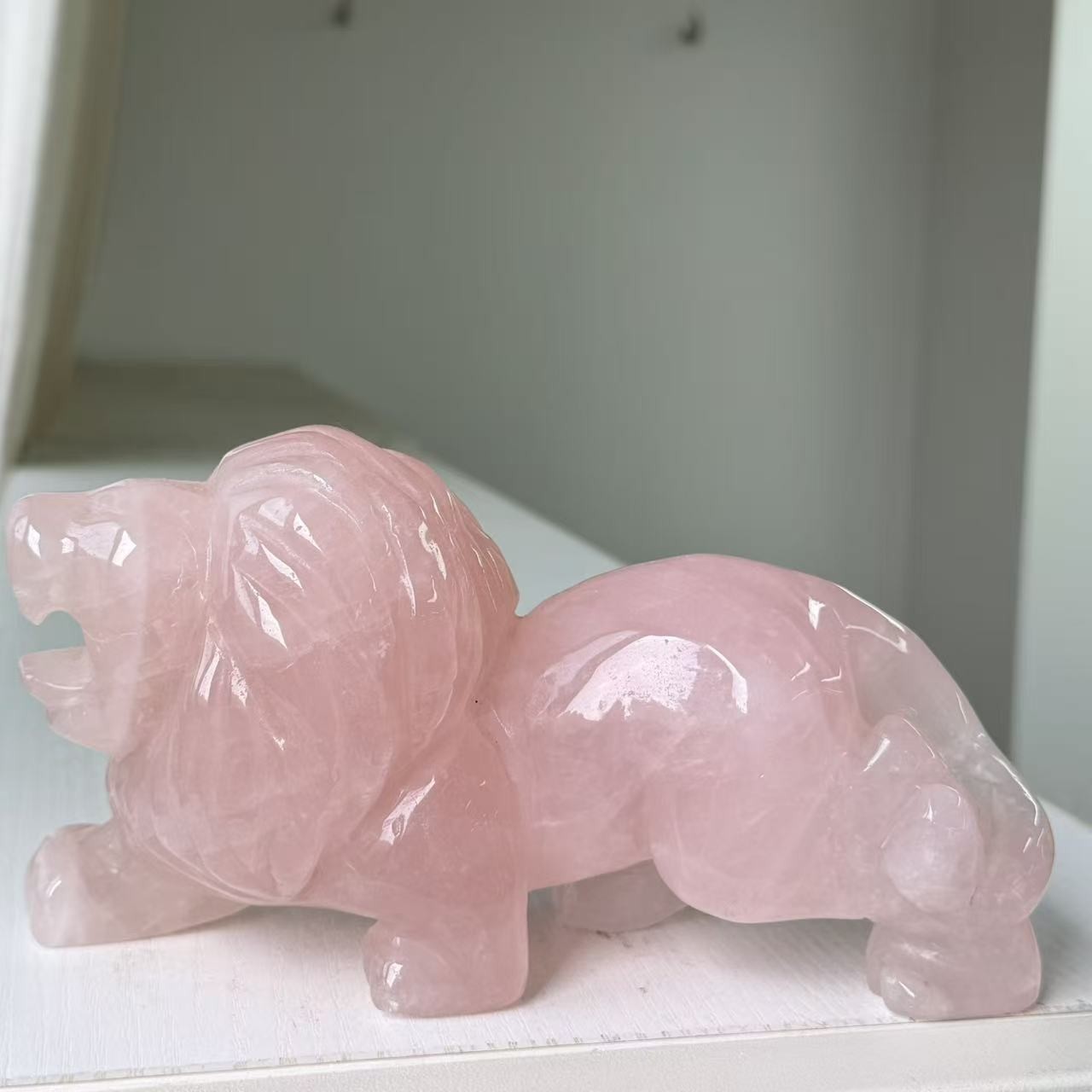 3.74LB Large Natural Rose Quartz Lion Statue Crystal Carving Home Decor FengShui