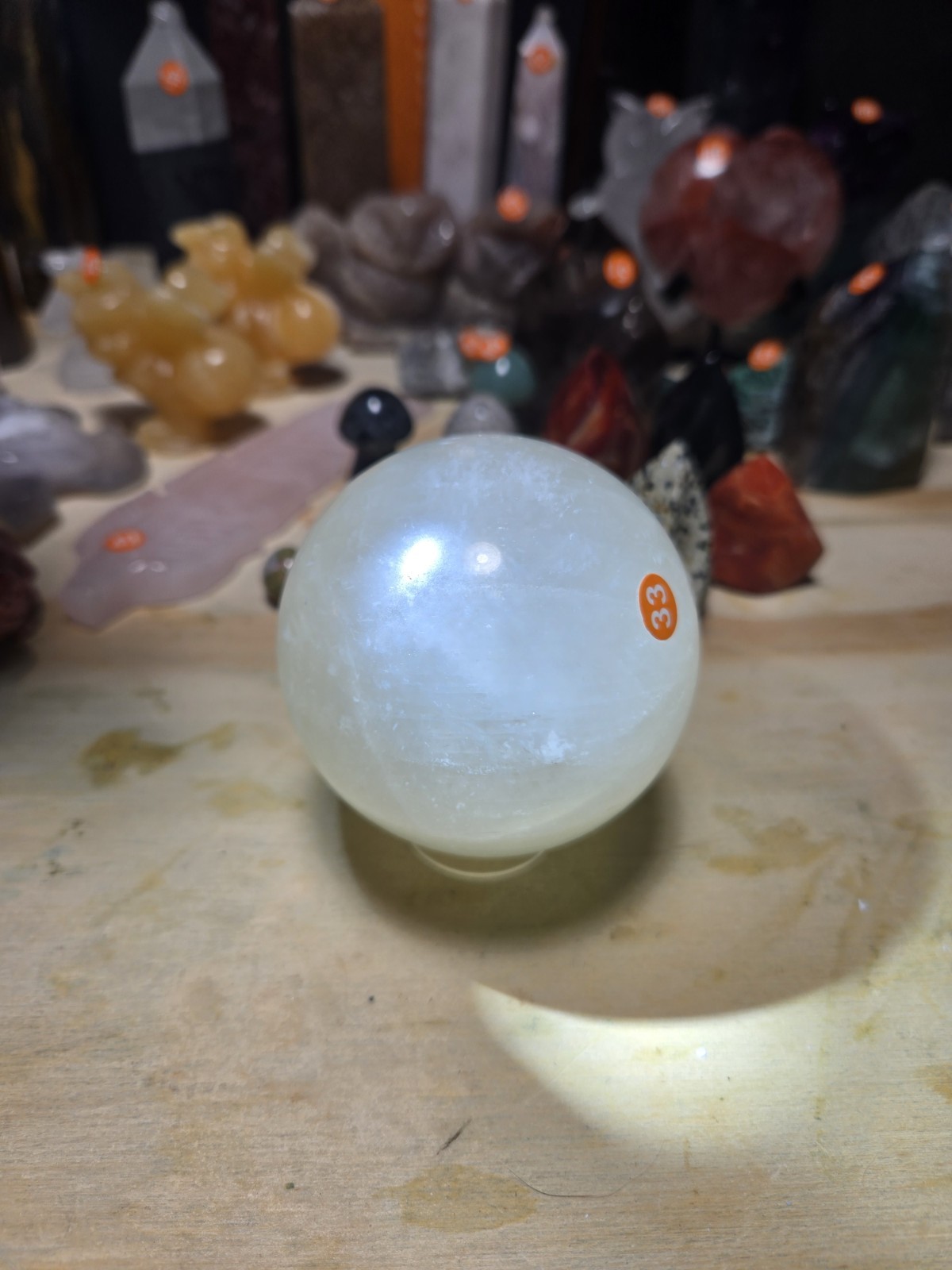 BIG 3in Light Honey Calcite Sphere – amazing rainbows! O33