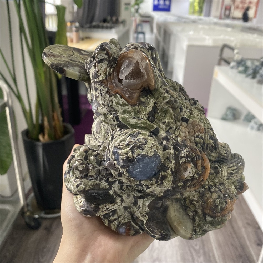 5.6LB 5.9″Natural A+Geode Money Agate Golden Toad Crystal Reiki Carving Decor