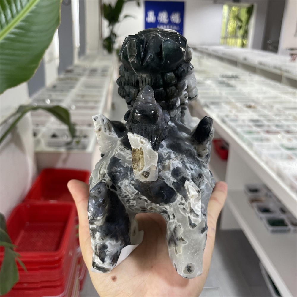 3.9LB 5.9″ Natural Moss Agate Qilin Crystal Quartz Carving Good luck Gift