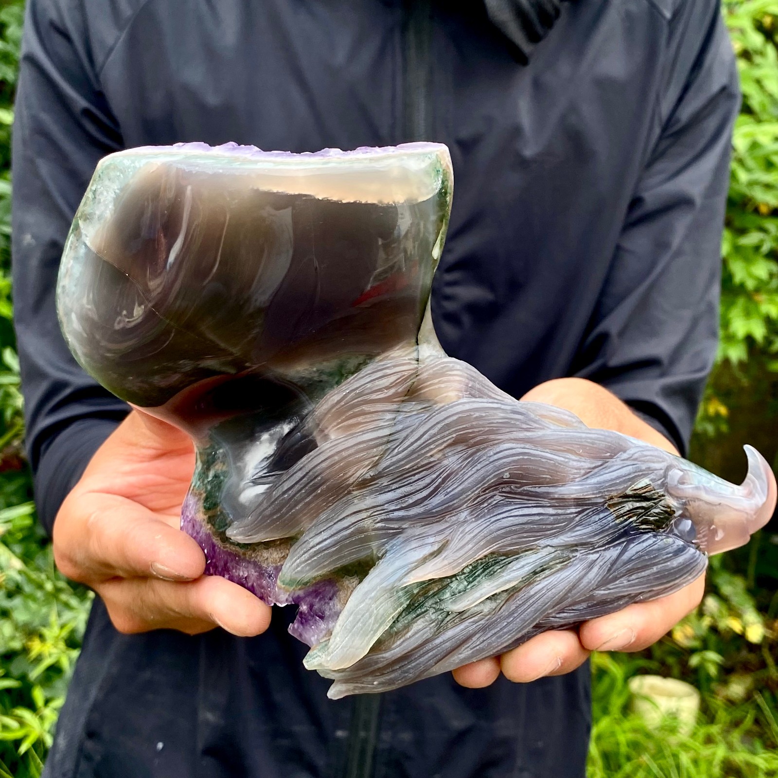 2.2LB Natural Banded Agate Geode Eagle Head Hand Carved Stone Ornament for Coll