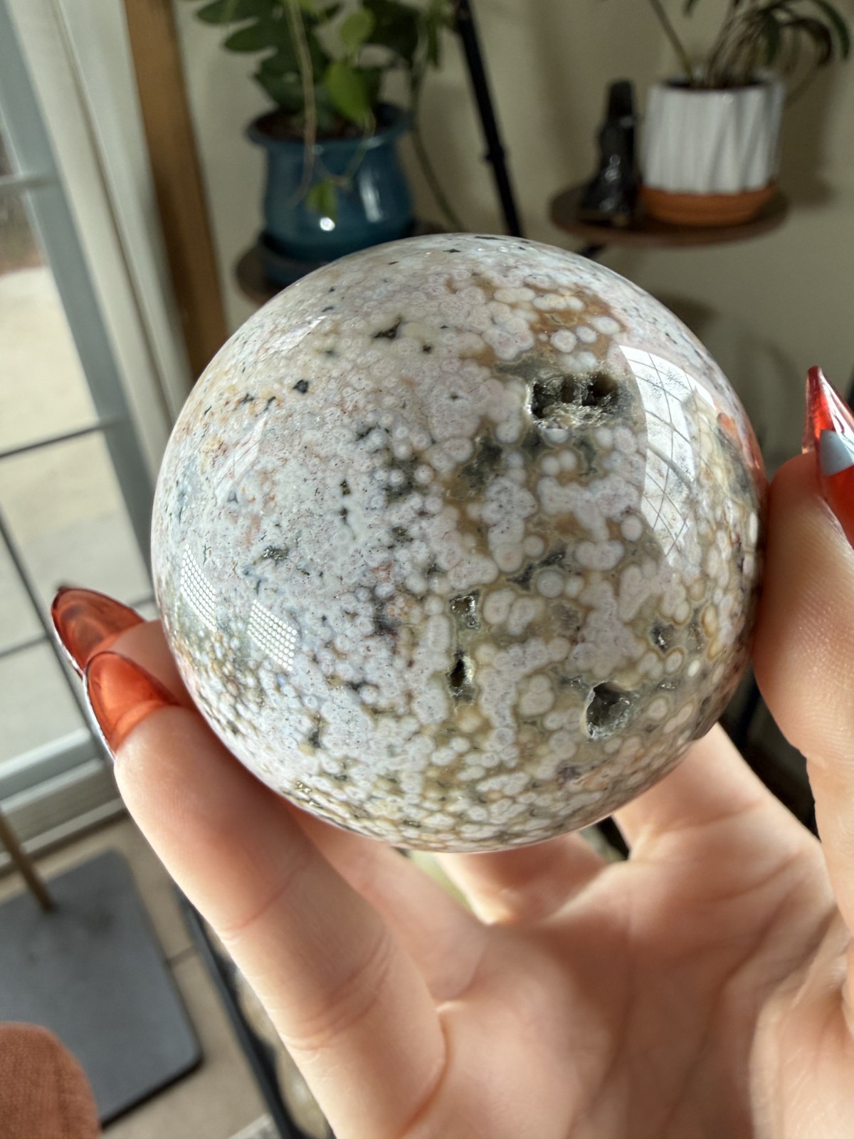 8th Vein Ocean Jasper Sphere – Druzy – Pink, White, Blue & Green Orbs – 9.91 oz
