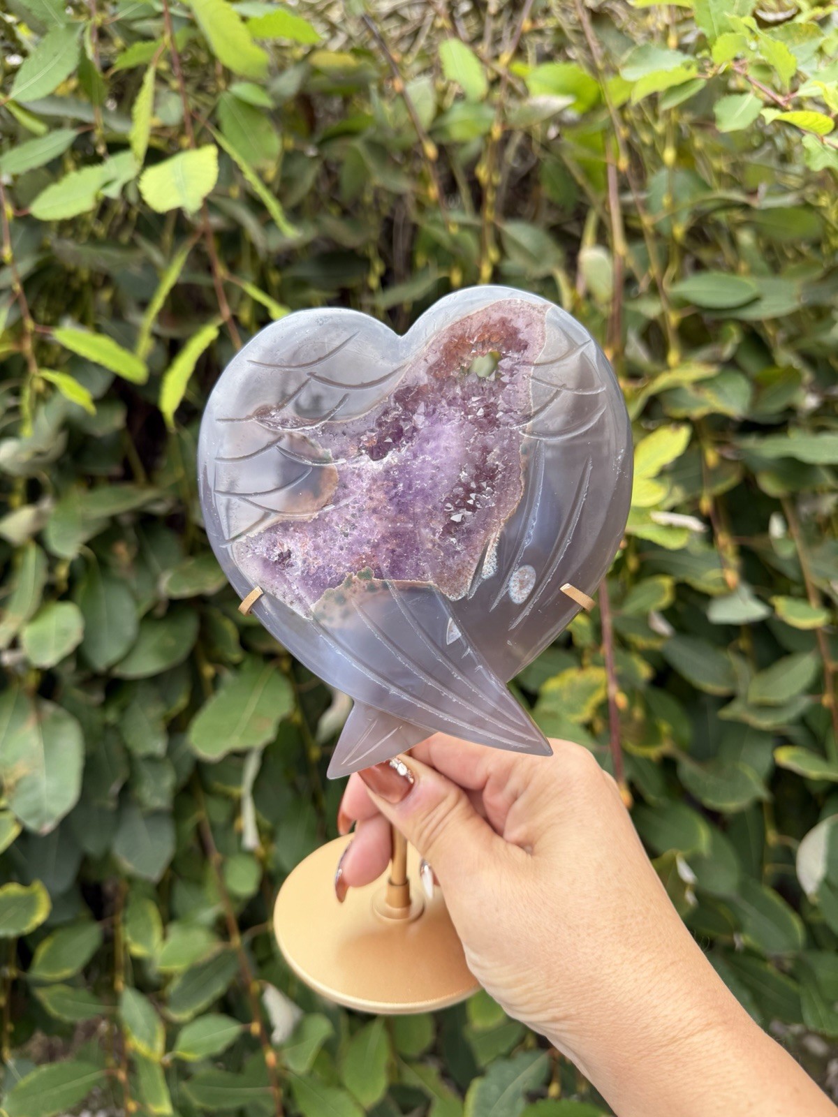 Wholesale Lot 3 Pcs Amethyst Agate Wing Heart Natural Crystal With stand Healing