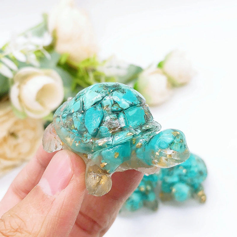 Natural Turquoise Quartz Crystal Longevity Turtle Carved Mini Gravel Resin Decor