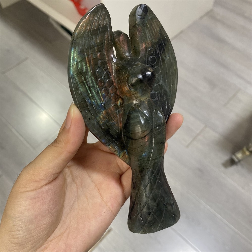0.7LB 6″Natural A++Labradorite Angel Statue Crystal Reiki Carving Heal Decor