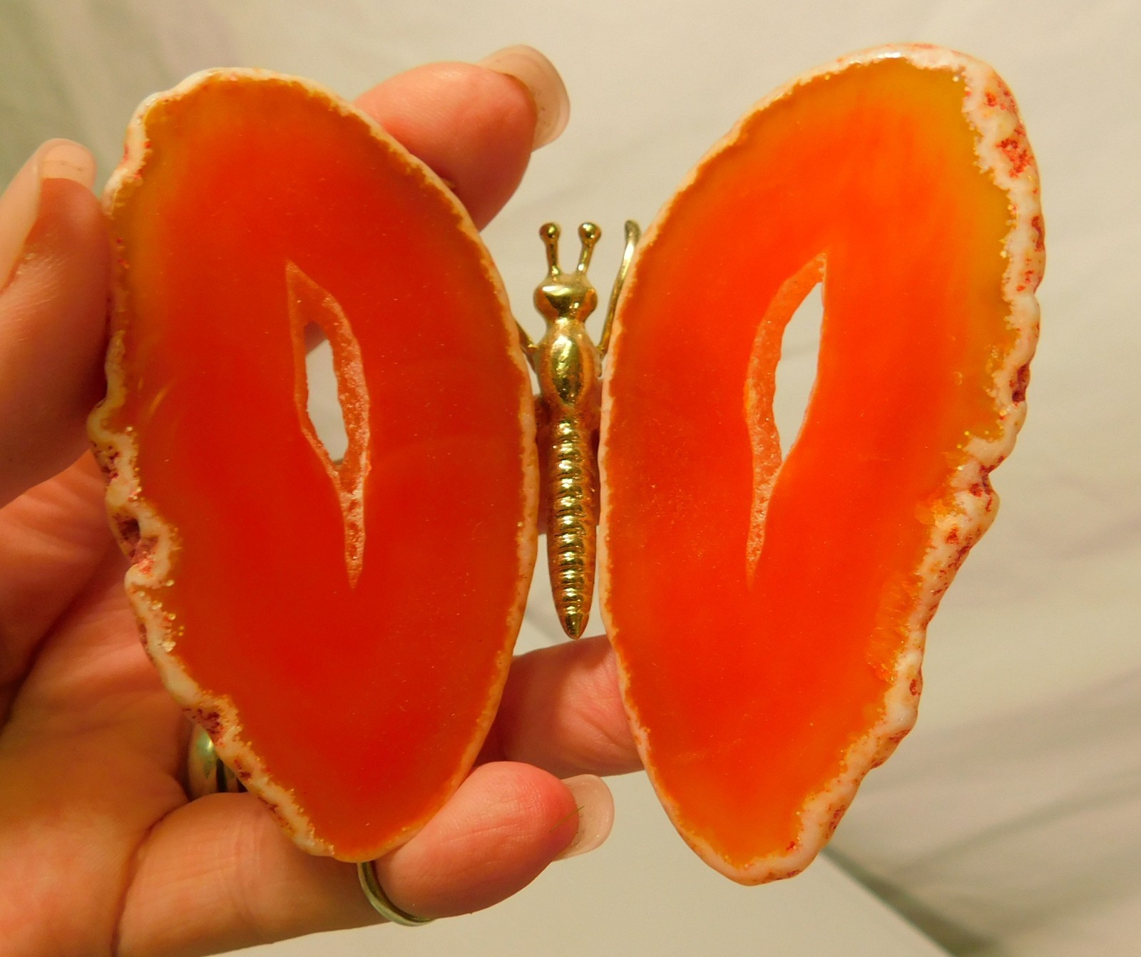 ORANGE DYED AGATE CRYSTAL BUTTERFLY WITH METAL ALLOY BODY