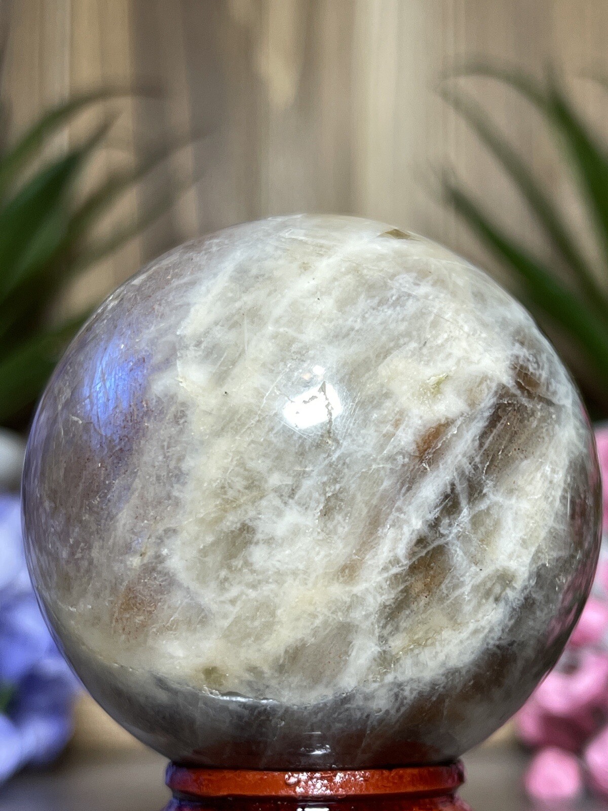 52mm MOONSTONE SUNSTONE SPHERE – Crystal Blue Feldspar Orange Mineral Witch 202g