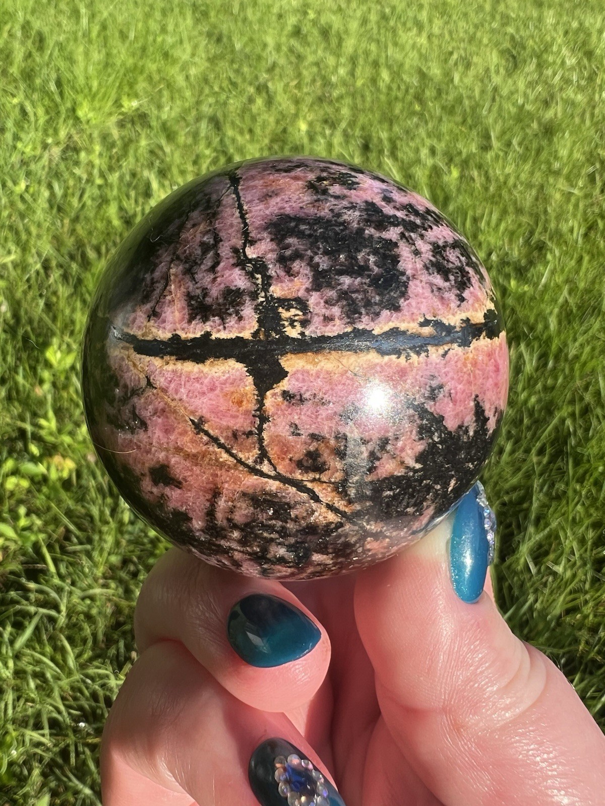 69mm Rhodonite Crystal Sphere Wishing Circle Pink Black Natural Polished Stone