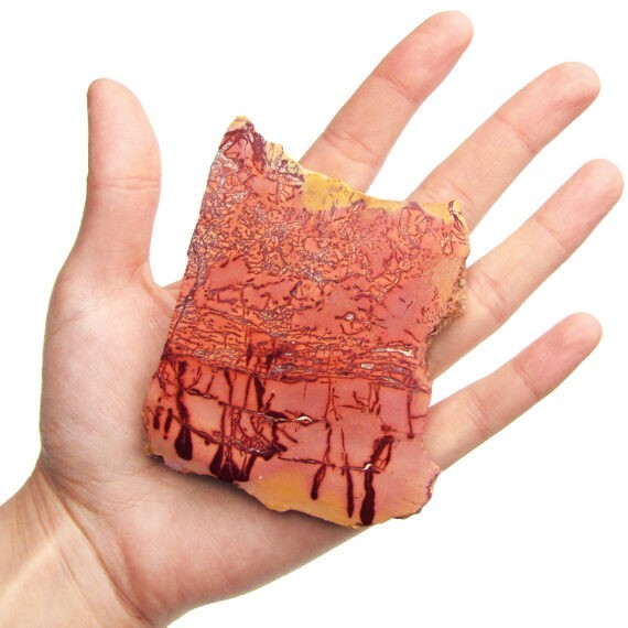 Mookaite jasper slice pink red orange gold polished gemstone mineral Morocco