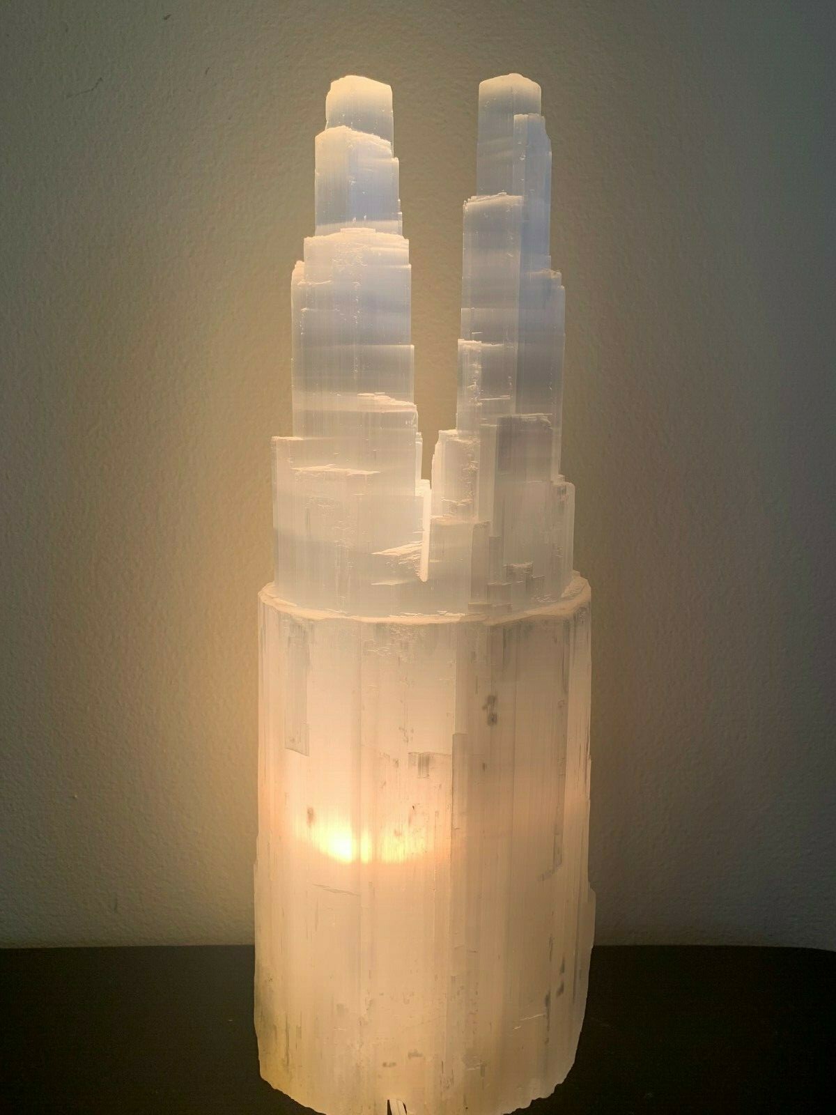 Large or Extra Large Double Twin Tower Selenite Skyscraper Lamp, 10 to 16″ Tall