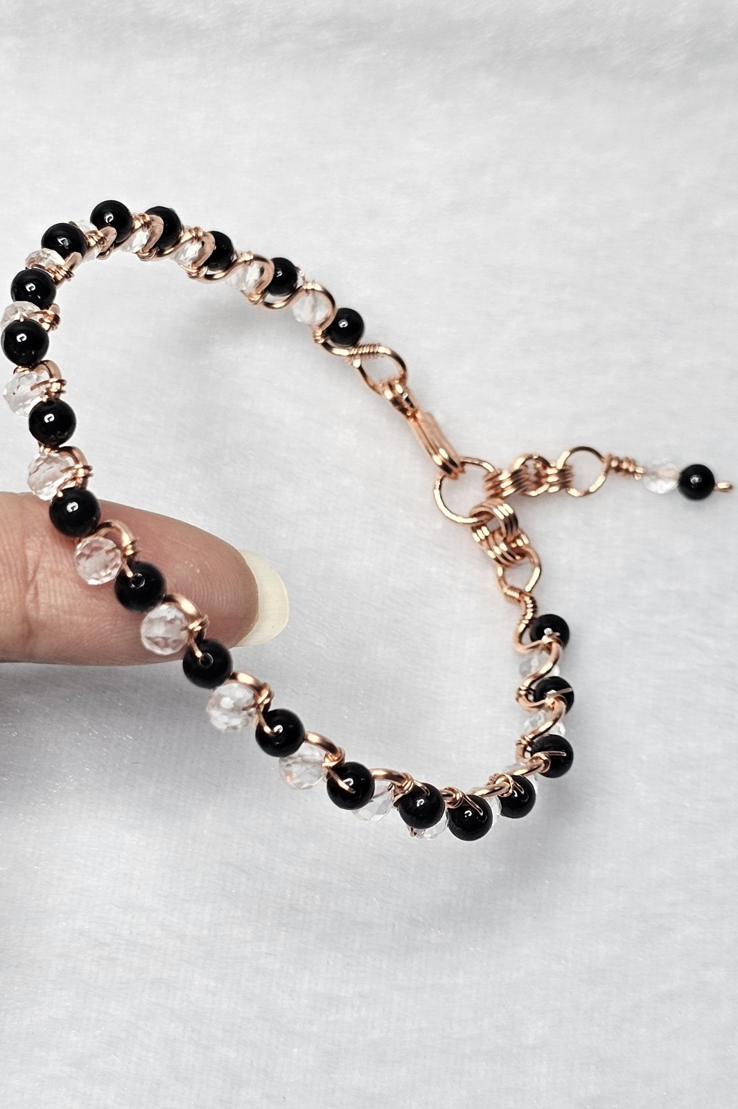 Clear Quartz and Black Tourmaline Bracelet 5mm Beads Wrapped In Copper 8 Inches
