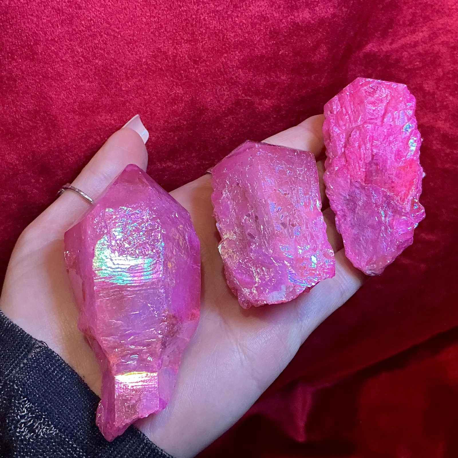 Pink Aura Elestial Quartz Crystal Cluster 3 Piece Set ~ 11 oz. Total Weight