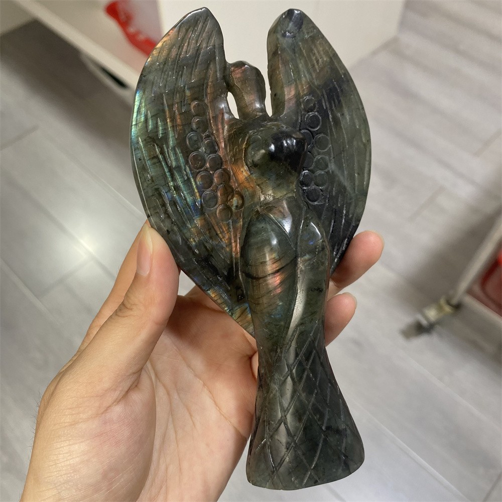 0.7LB 6″Natural A++Labradorite Angel Statue Crystal Reiki Carving Heal Decor