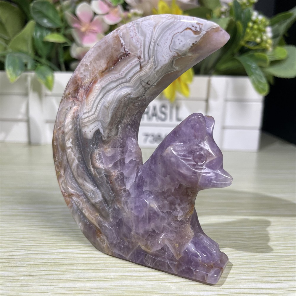 0.5LB 3.5″ Amethyst Lace Agate Fox Figurine Quartz Crystal Hand Carve Gift