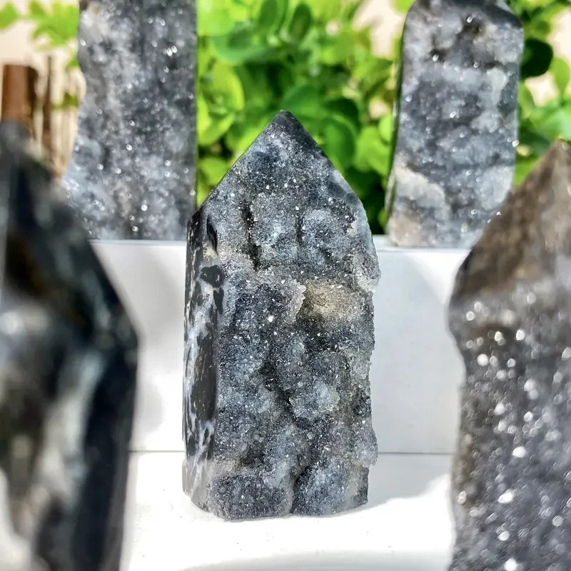 Black Sphalerite Crystal Tower Druzy Geode Obelisk Reiki Healing Crystal Gift