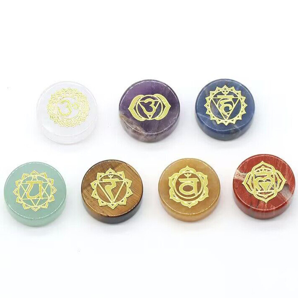 7x Natural Round Palm Stones Reiki Healing Crystal Engraved Chakra Yoga Symbols