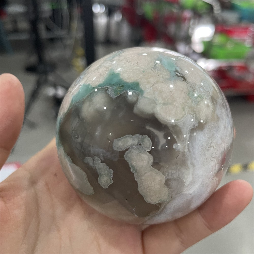 0.8LB 2.3″Hot Sale A+Natural Green Flower Agate Sphere Crystal Reiki Ball Decor