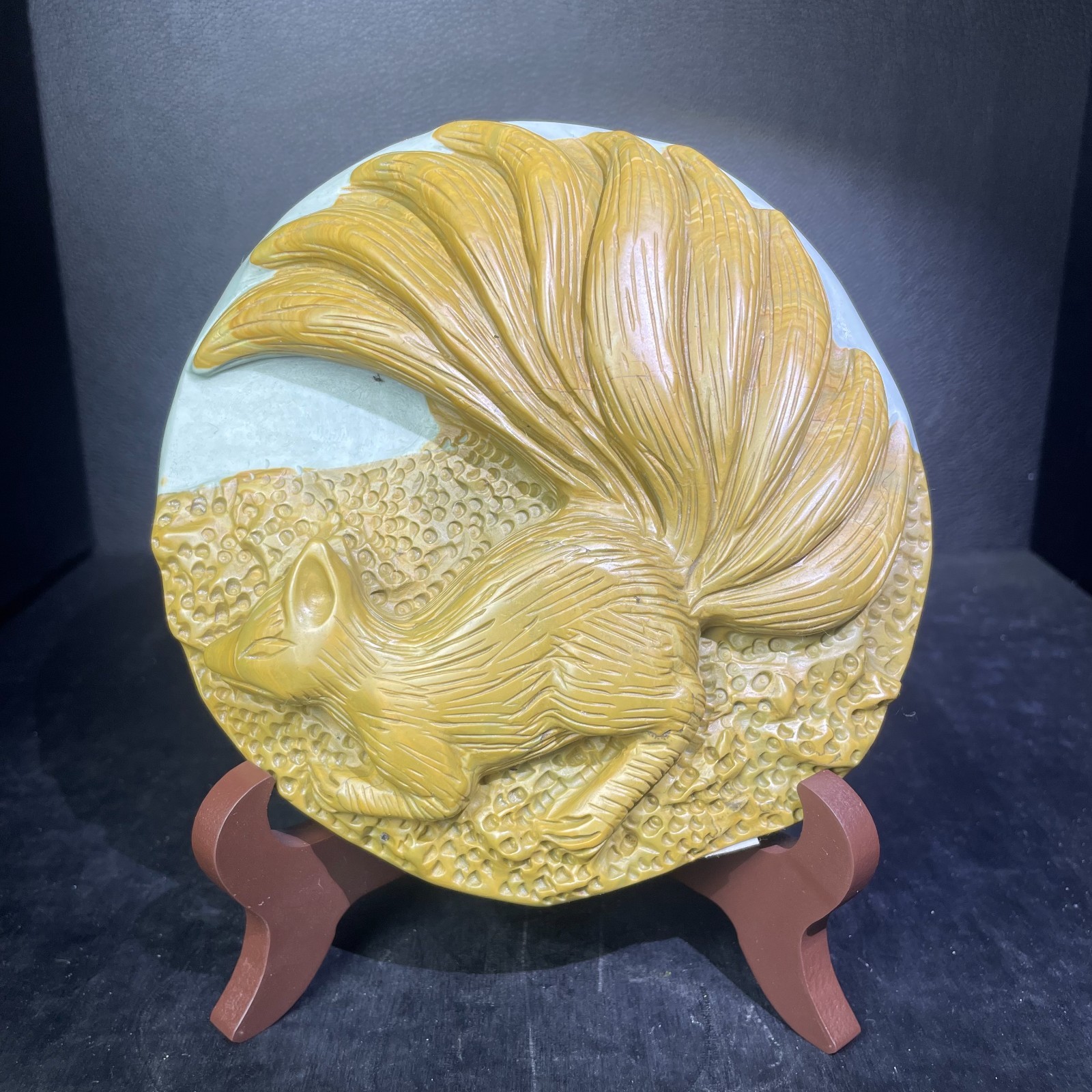 2.02LB 140mm Natural Songhua Tone Nine-tailed Fox Carving Crystal Ornament Gift