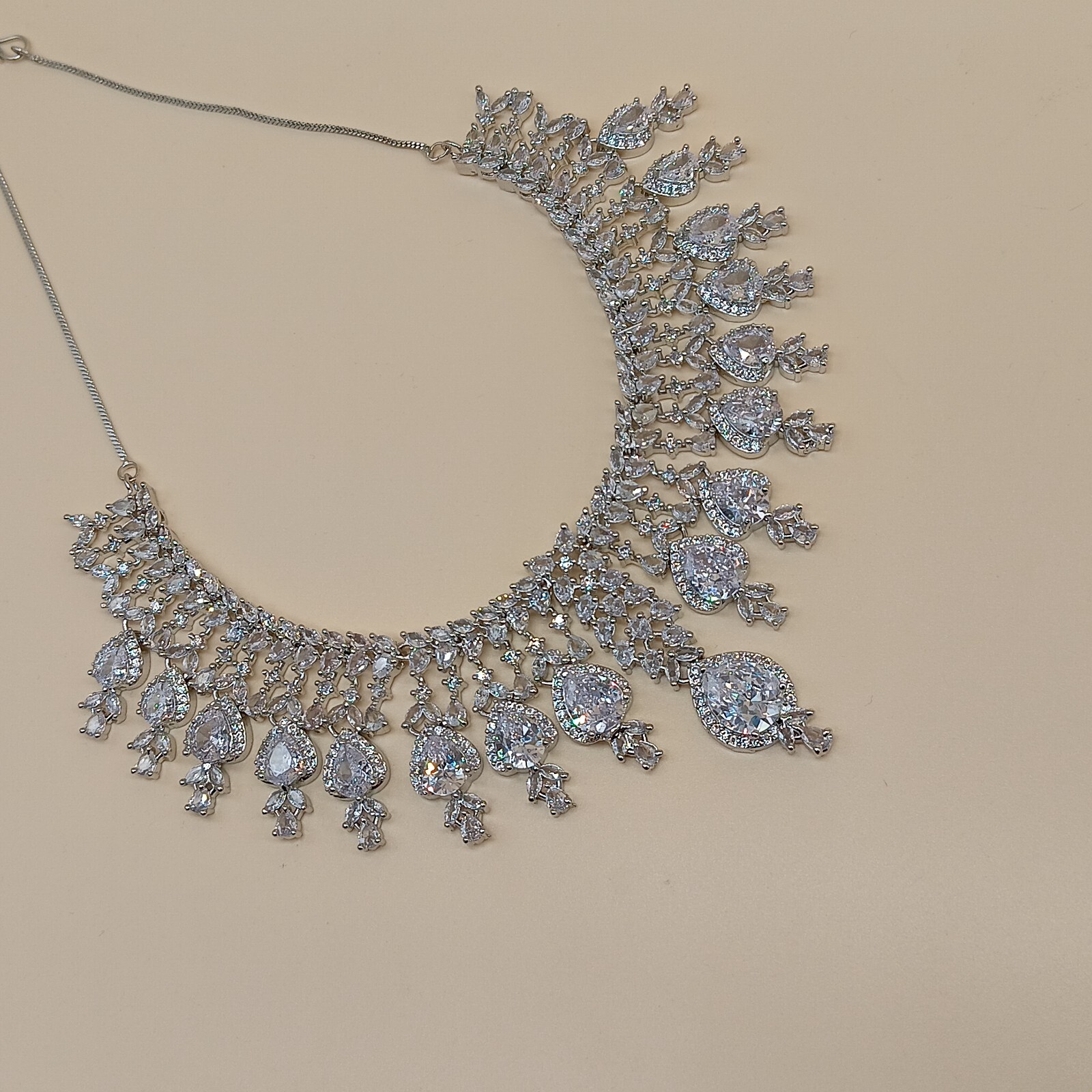 “Luxury Bridal Choker Necklace & Long Earrings Set | Silver Plated CZ Crystalset