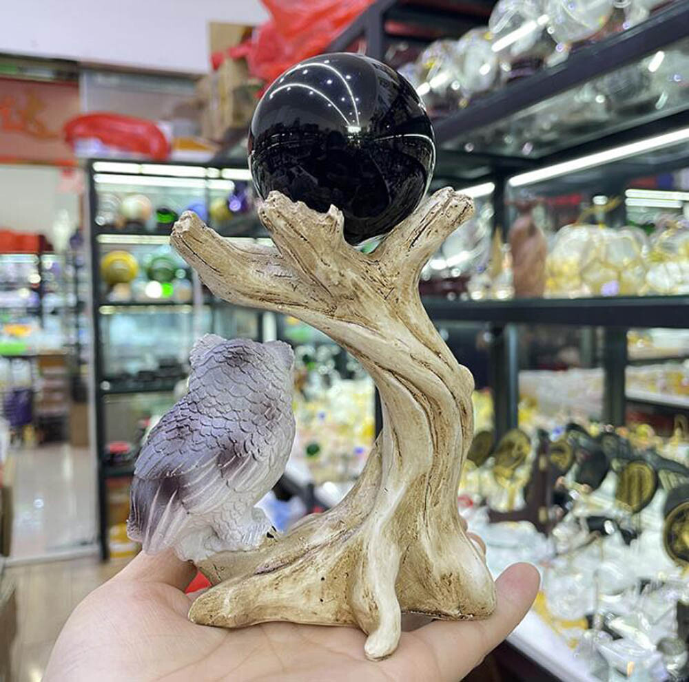 5 Colors Owl Resin Sphere Holder Stand Base Natural Crystal Ball Hand Decoration