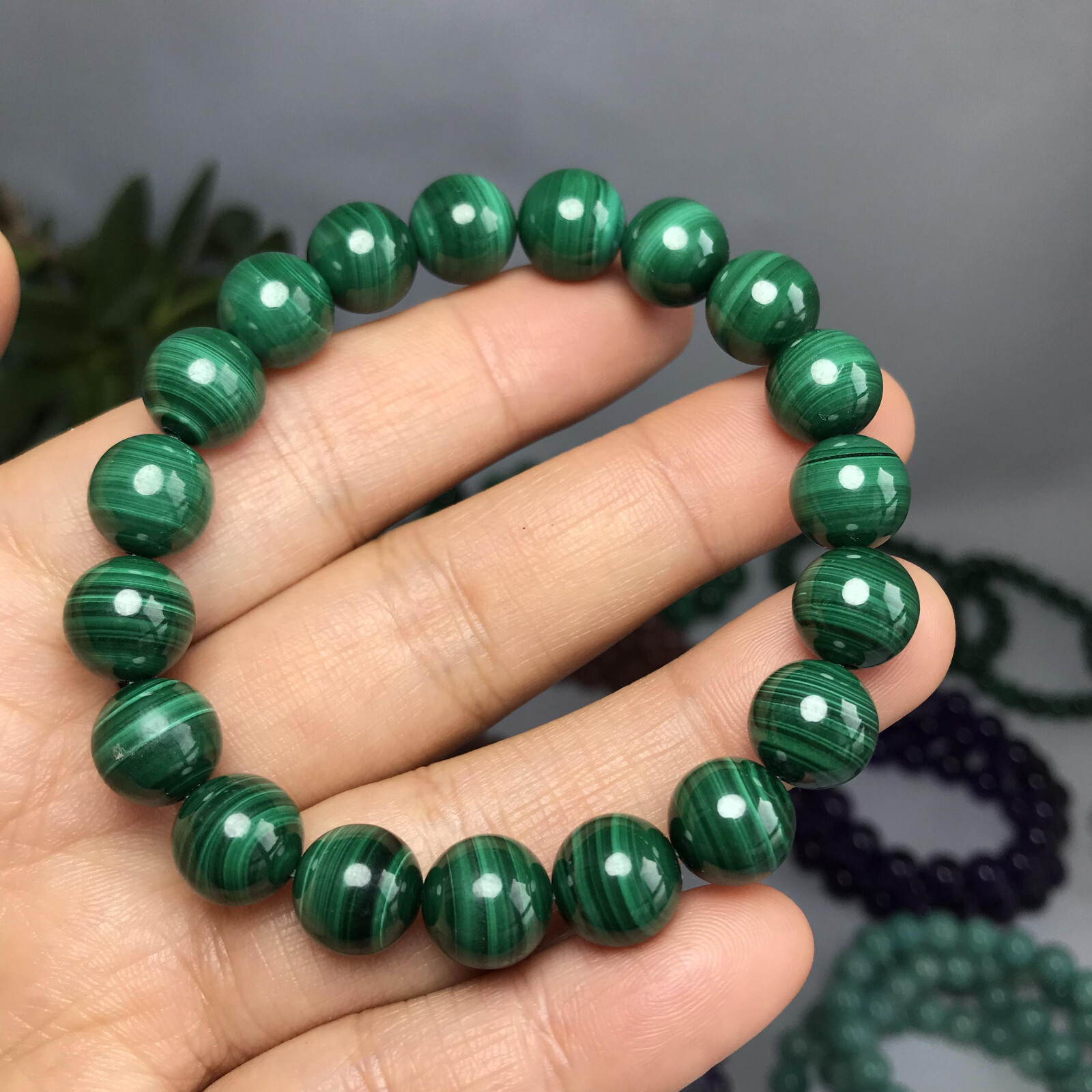 10mm Natural malachite gemstone Crystal chain beads bracelet 39-40g A5262