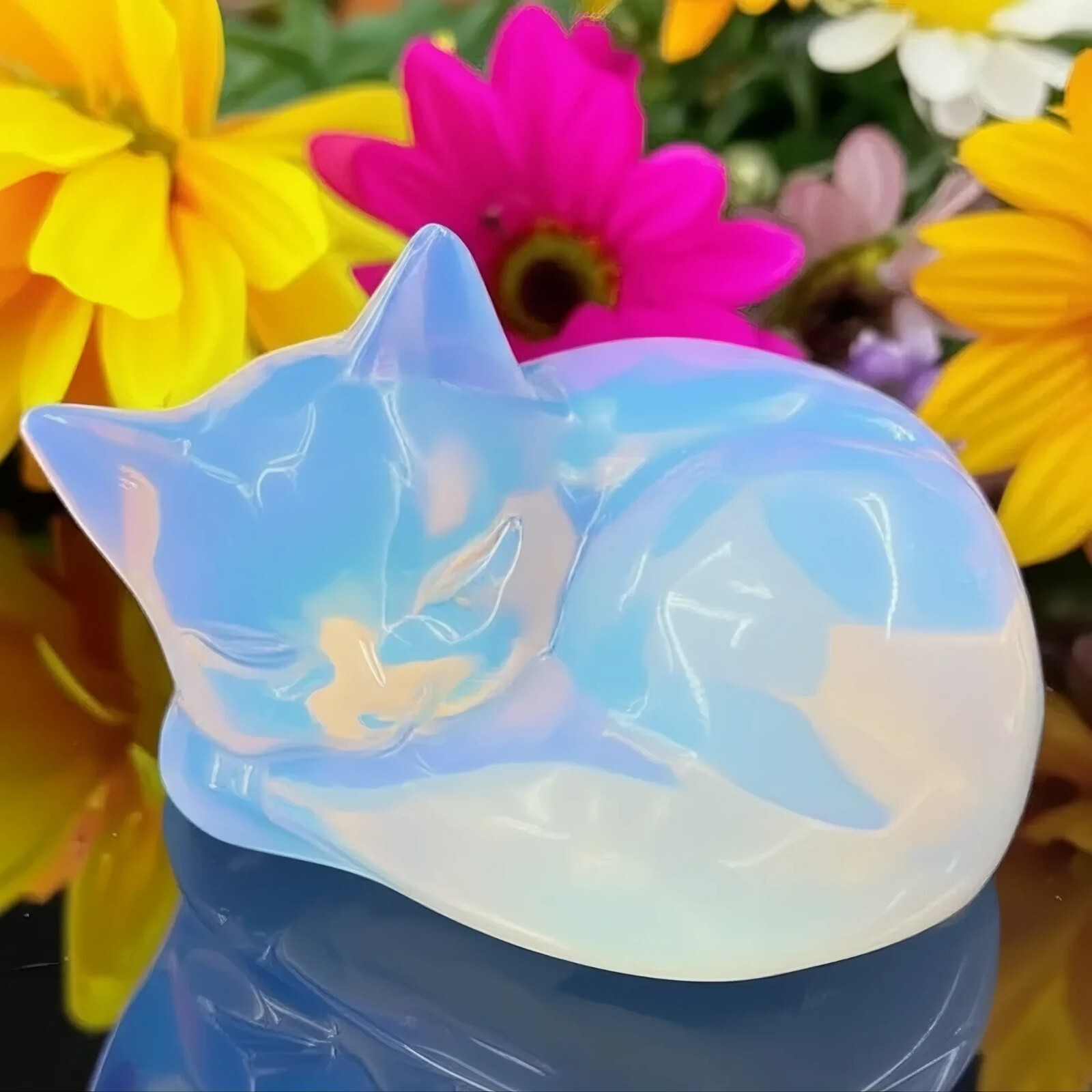 Opalite Sleeping Cat Figurine Hand Carved Healing Crystal Home Decor Gift