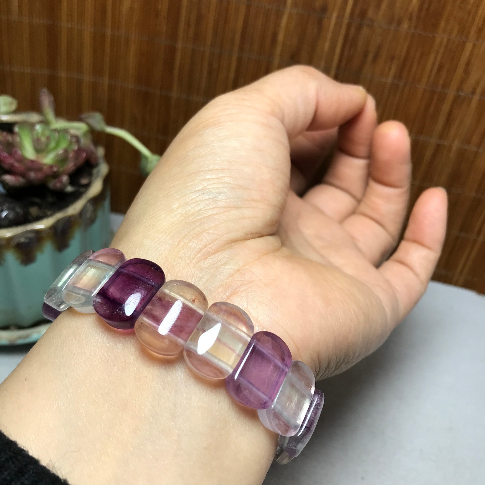 Natural Colored fluorite Bracelet Brown Gemstone Stretch Bracelet Handmade A4093